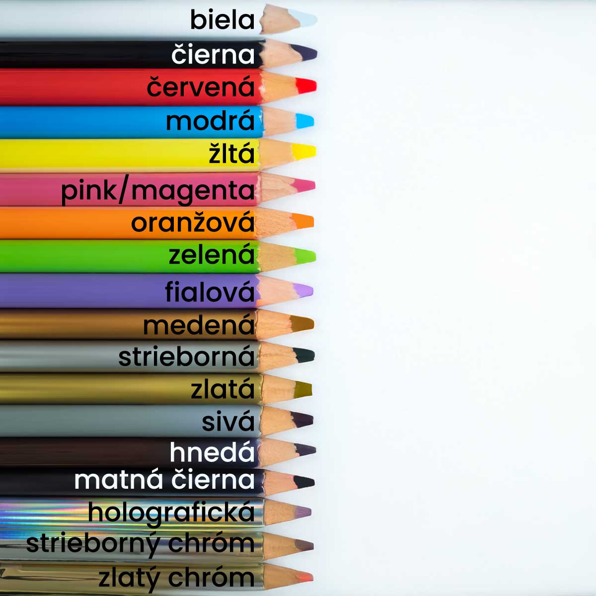 Farebné pastelky znázorňujú rôzne odtiene fólií na výber, vrátane bielej, čiernej, metalických a holografických farieb.